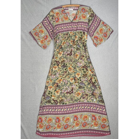 Seven Islands Dress XL Green Pink Floral Boho Gypsy Maxi Goblincore Forest Fairy - Picture 1 of 16